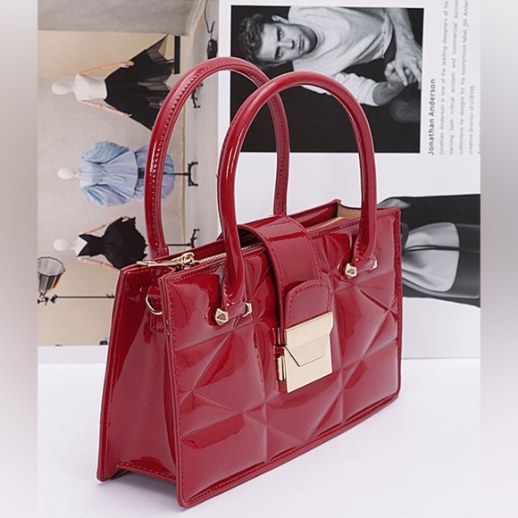 Black Faux Patent Leather Convertible Top Handle Swing Bag - Picture 13 of 13